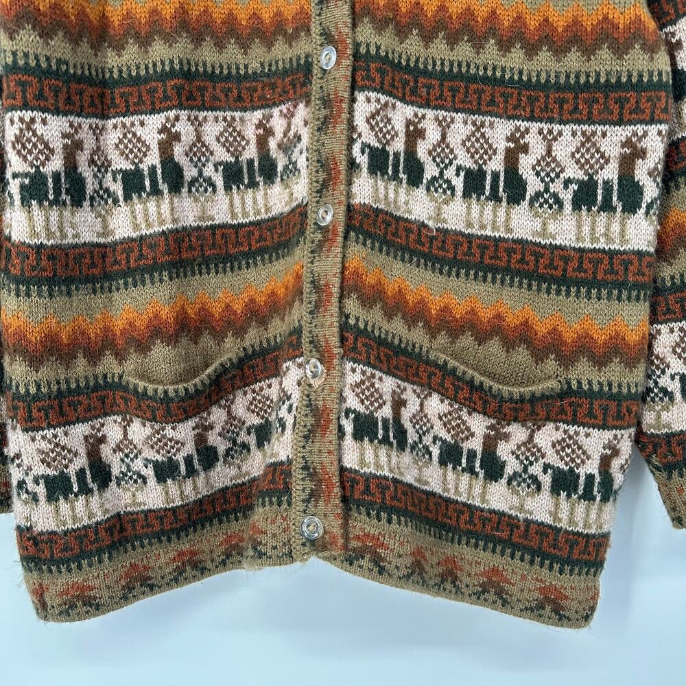 Vintage Mens 100% Alpaca Andean Peru Llama Cardigan Fair Isle Crew Neck Sweater - Picture 4 of 8